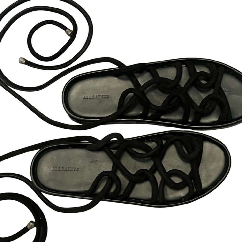 AllSaints Black Kofu Rope Lace-Up Flat Sandals Japanese Style Shibari - Picture 4 of 6